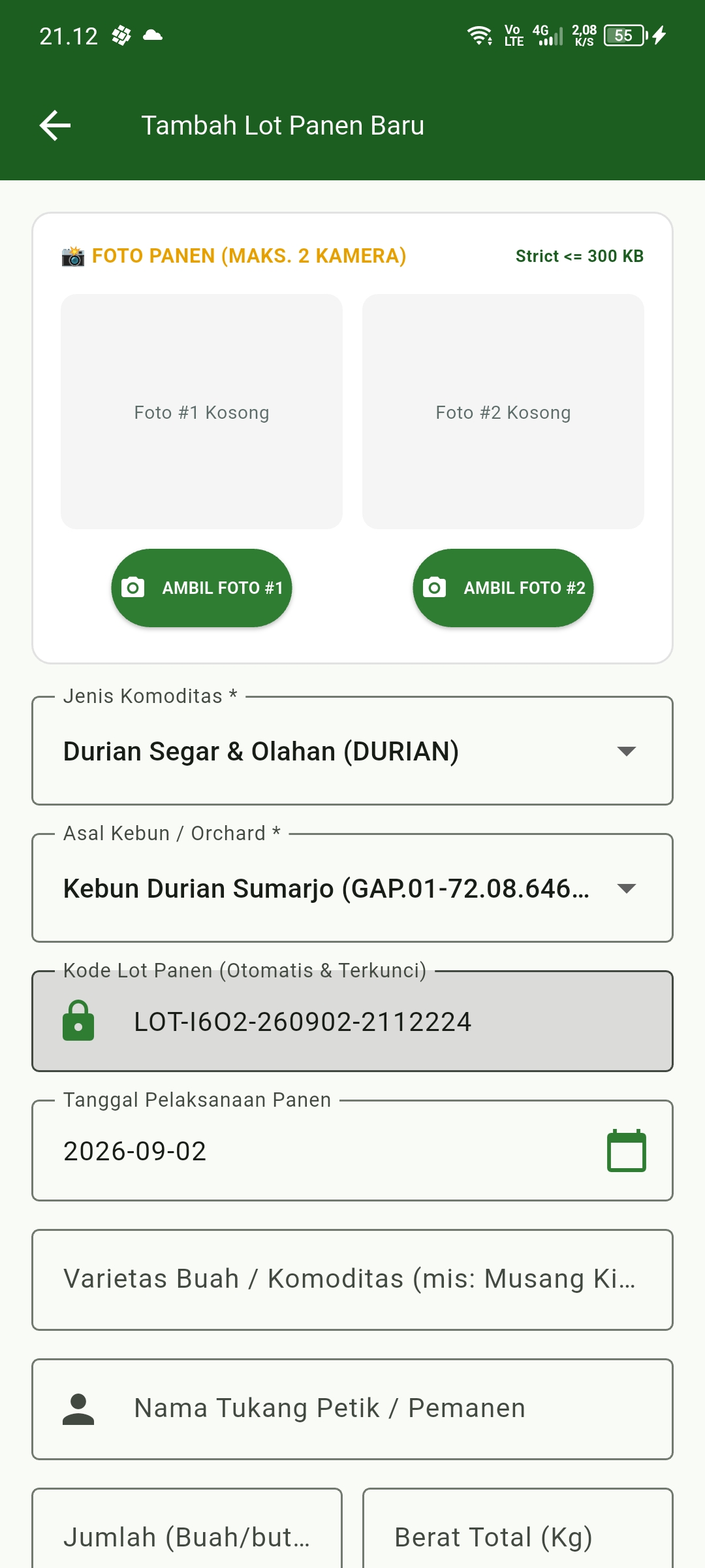 Layar Riwayat Lot Panen