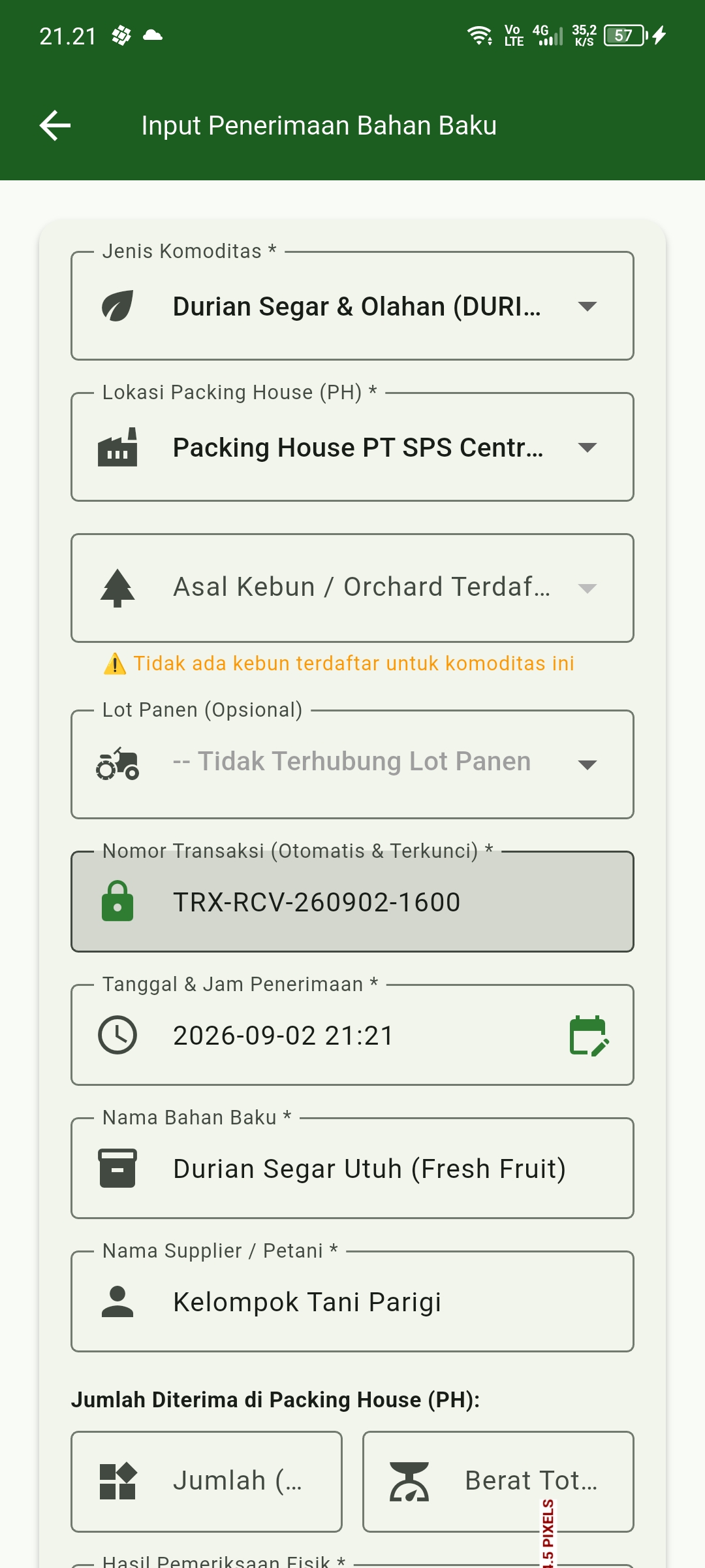 Form Input Penerimaan Bahan Baku