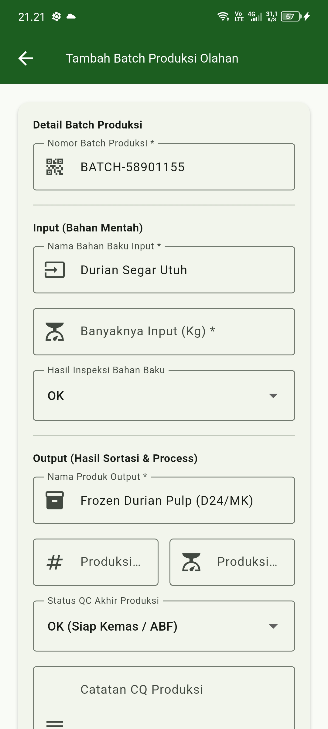 Formulir Input Produksi